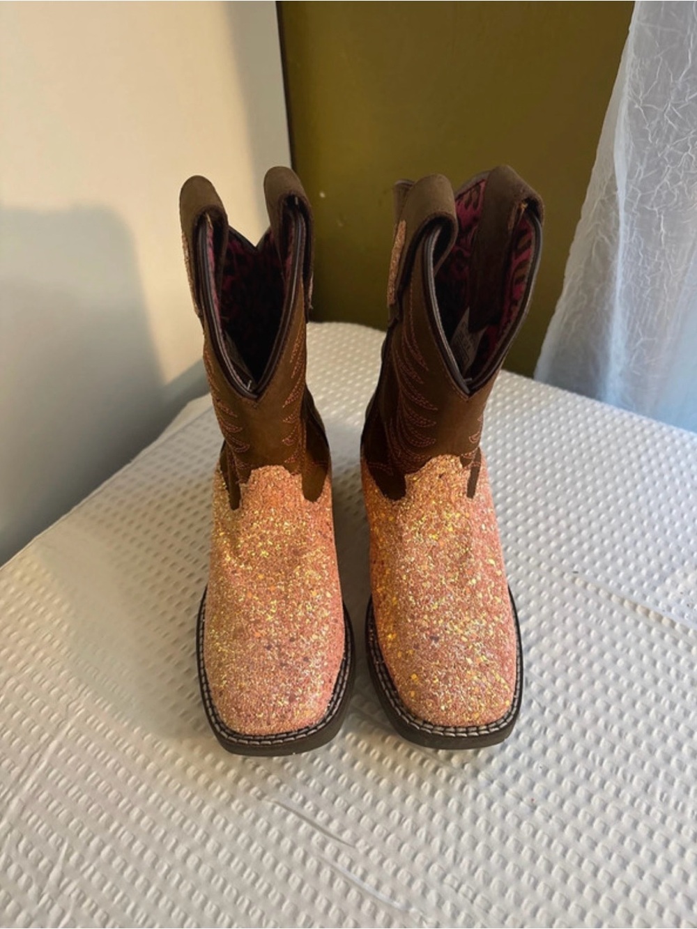 Kids Glitter Pink Cowboy Boots - Brown Shaft